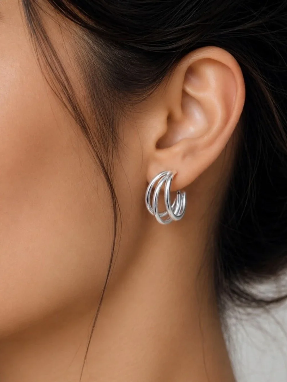 Small Silver Triple Hoop Earrings Stud Post